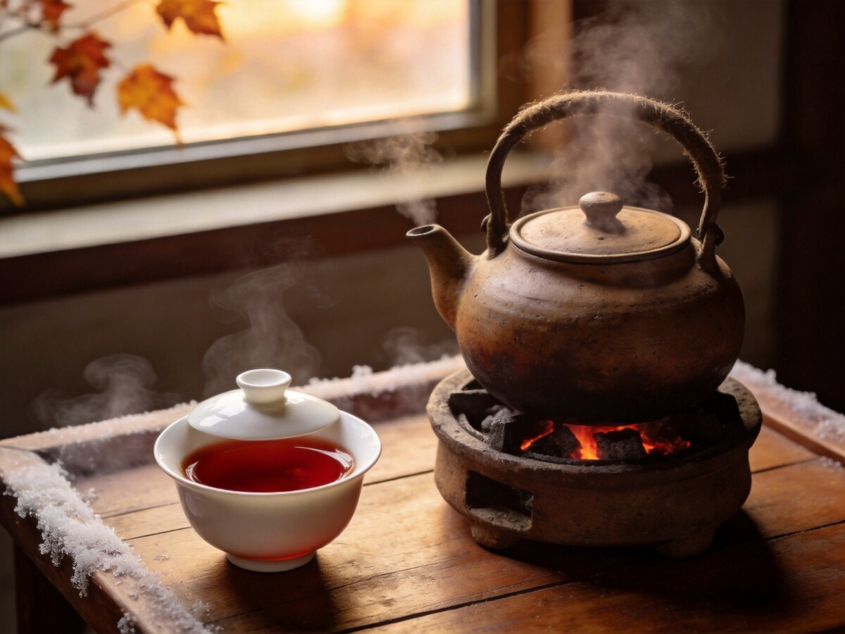 A gaiwan of ripe pu-erh with deep red liquor on an autumn tea table